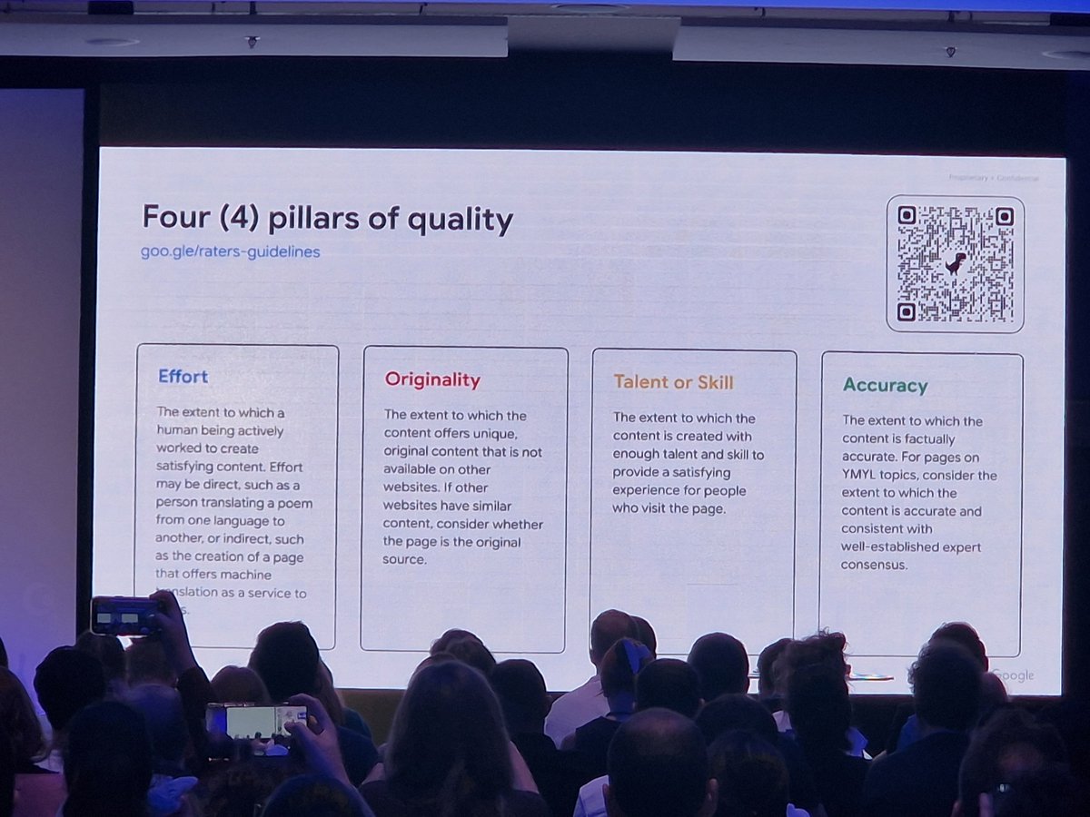 Slide do Google no Search Central Live Deep Dive Europe 2026 com os quatro pilares de qualidade: esforço, originalidade, talento ou habilidade, e precisão