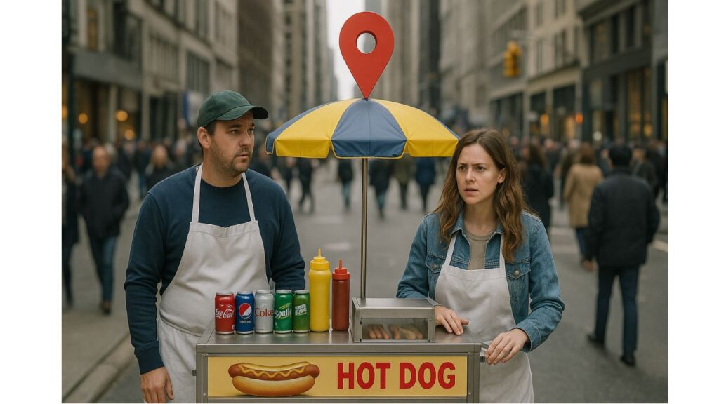 asal no meio de nova york com uma carrocinha de cachorro quente, em cima da carrocinha tem um silbolo de localização de maps, existem muitas pessoas na rua indo e vindo e eles estão sem nenhum cliente tentando vender seus protutos,